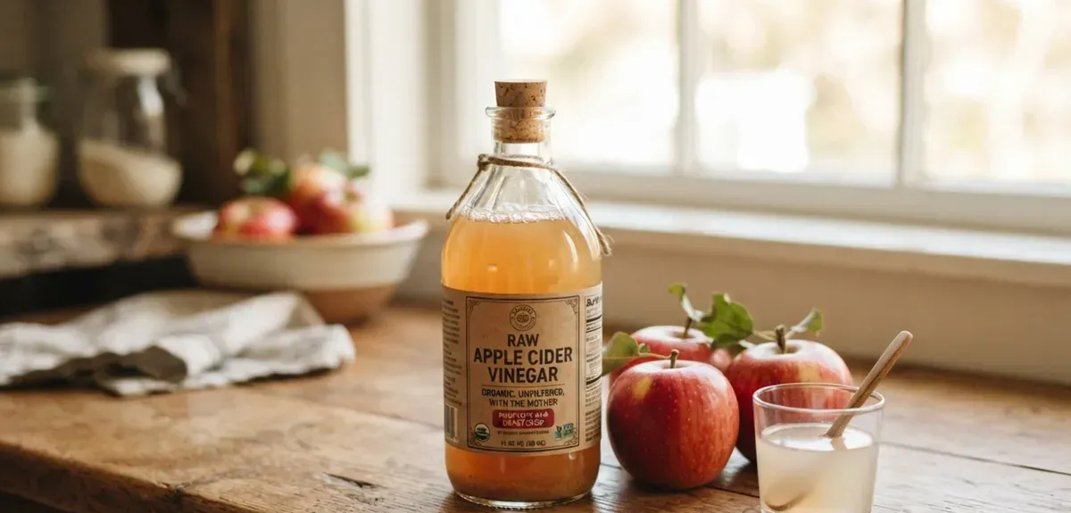 A small glass bottle of apple cider vinegar beside a jar of water