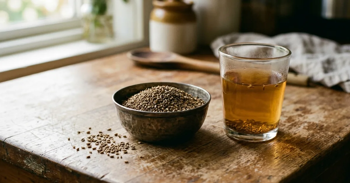A small steel bowl of ajwain (carom seeds) beside a glass of ajwain water on a wooden kitchen counter
