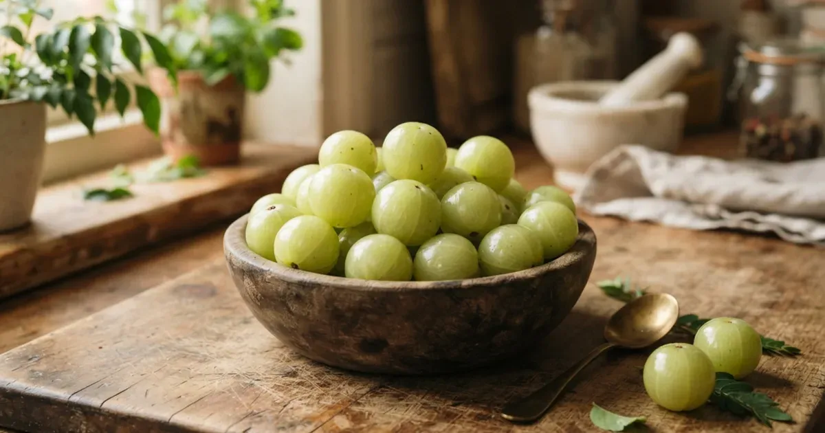 Fresh whole amla (Indian gooseberries) in a small bowl