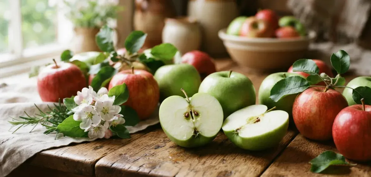 A whole red apple and a sliced half on a light wooden board