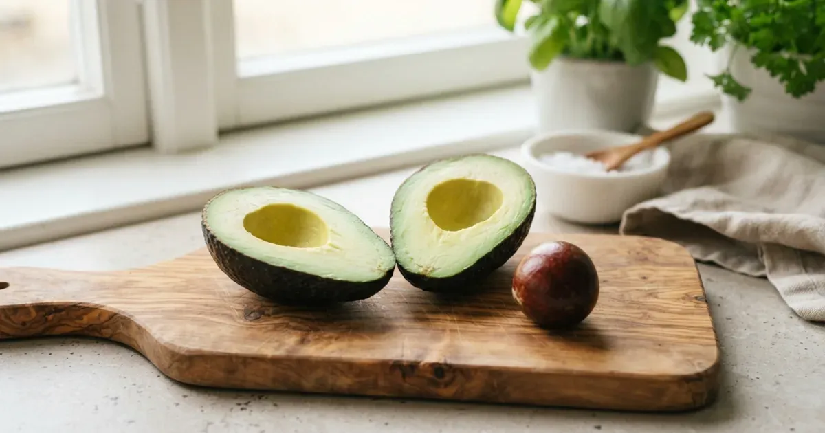 A halved avocado with the pit removed on a wooden board