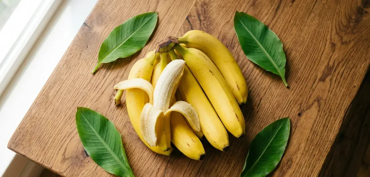Fresh yellow bananas on a wooden surface with natural light