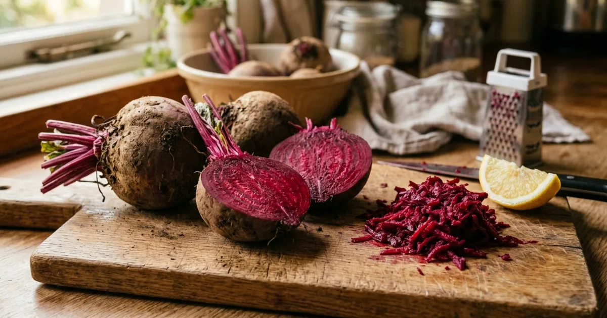 Whole and sliced raw beetroot on a wooden chopping board