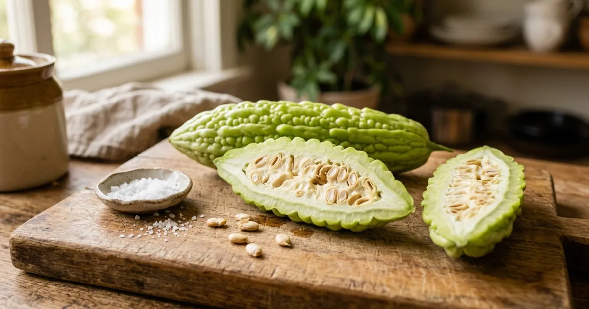 Sliced fresh bitter gourd (karela) on a wooden chopping board