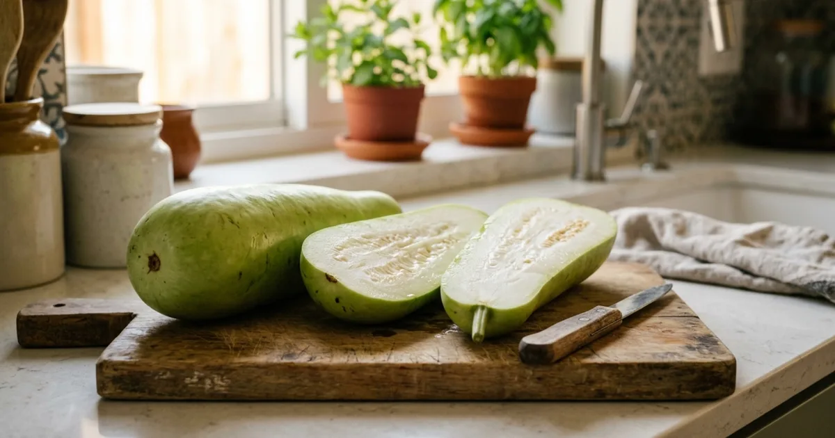 Whole and sliced bottle gourd (lauki) on a wooden cutting board