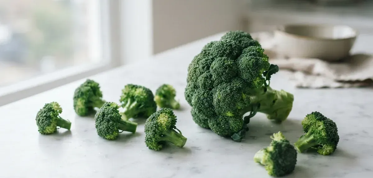 Fresh broccoli florets on a wooden cutting board