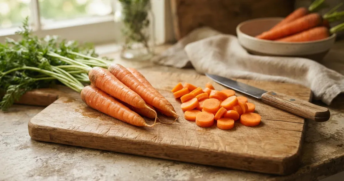 Chopped and whole carrots on a wooden cutting board
