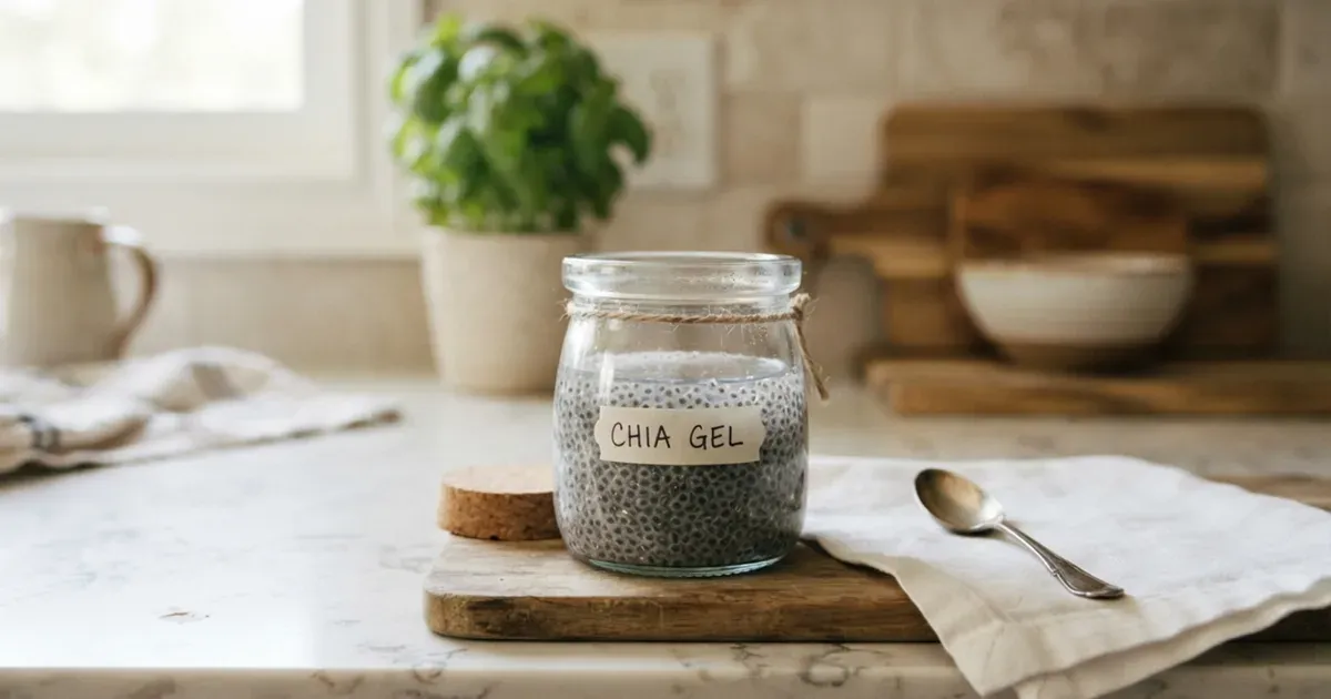 Chia seeds soaked in water forming a gel in a glass jar