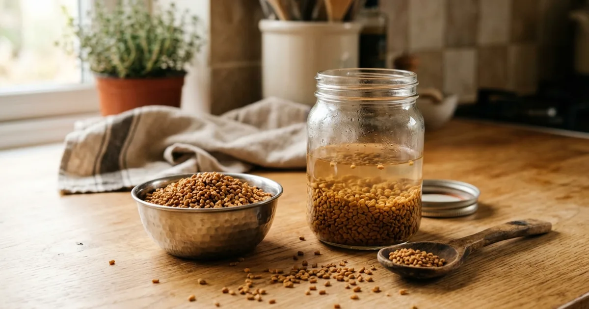A small bowl of whole fenugreek seeds beside a jar of soaked seeds on a wooden kitchen counter