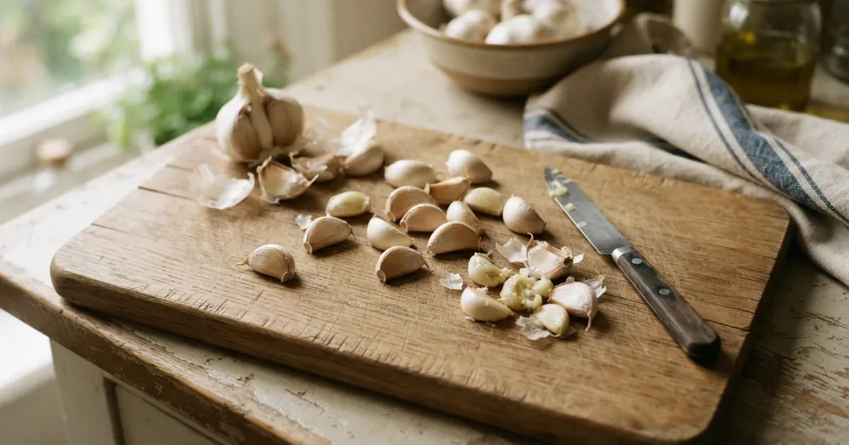 Garlic cloves, whole and crushed, on a wooden cutting board