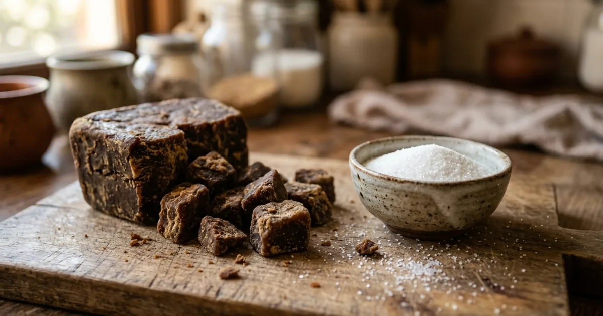 A block of jaggery being broken into pieces beside a small bowl of white sugar on a wooden table