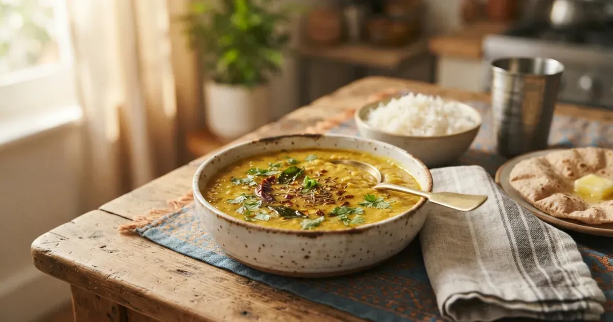 Cooked yellow dal in a bowl with a small spoon