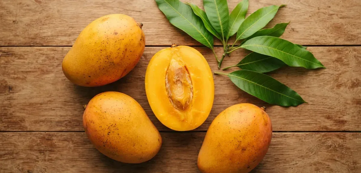 Fresh whole and sliced mangoes on a wooden surface