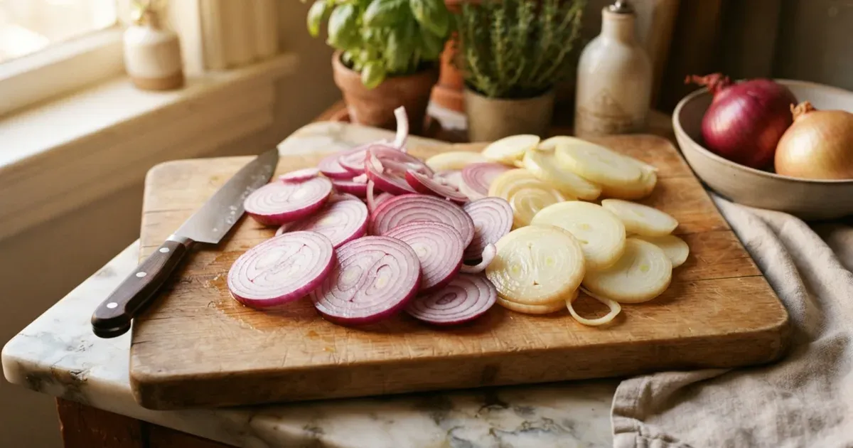 Sliced red and yellow onions on a wooden cutting board