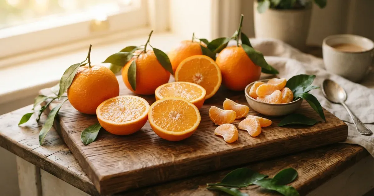 Whole and sliced oranges on a wooden board