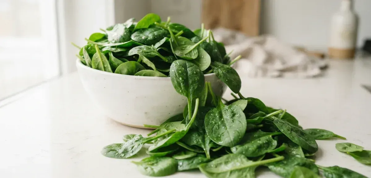 Fresh baby spinach leaves in a white ceramic bowl