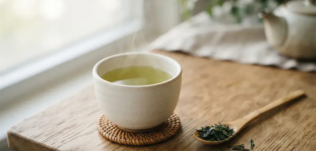 A ceramic cup of green tea steaming beside loose tea leaves
