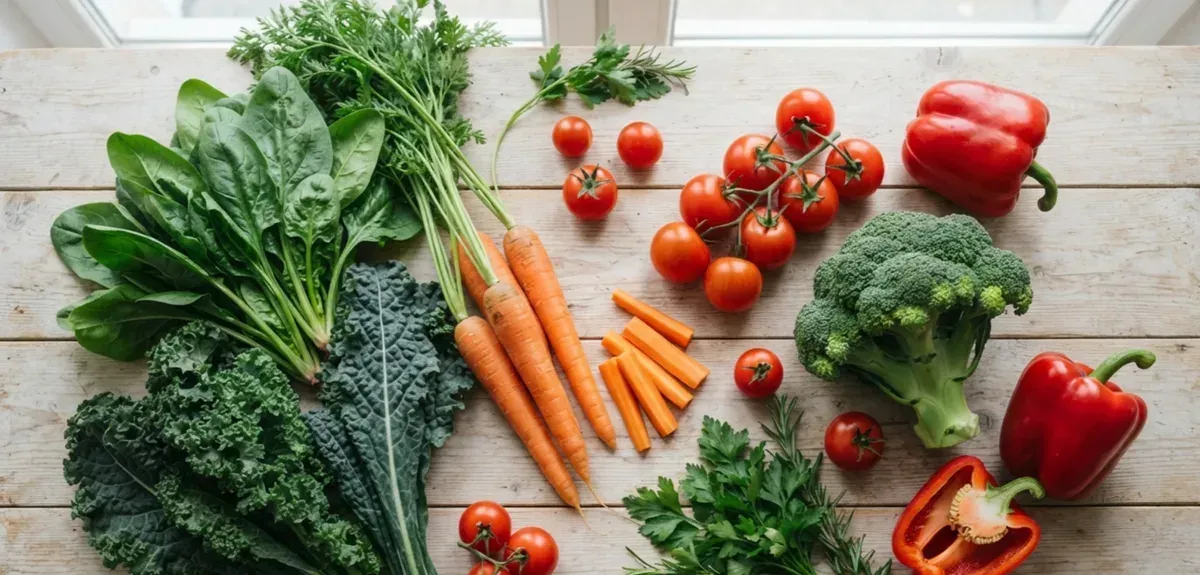 An assortment of colourful fresh vegetables arranged on a wooden table
