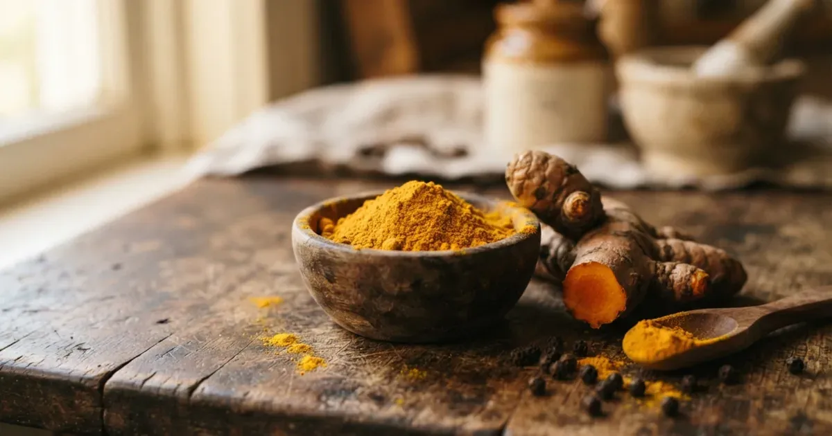 Ground turmeric powder in a small wooden bowl beside whole turmeric root