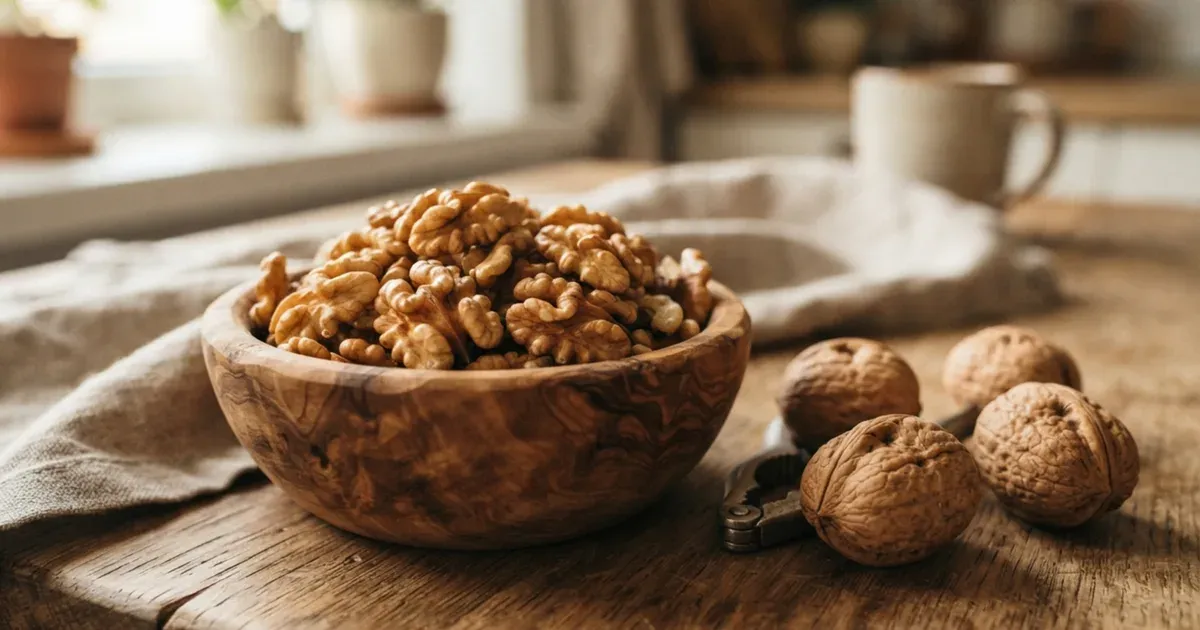 Shelled walnut halves in a small wooden bowl