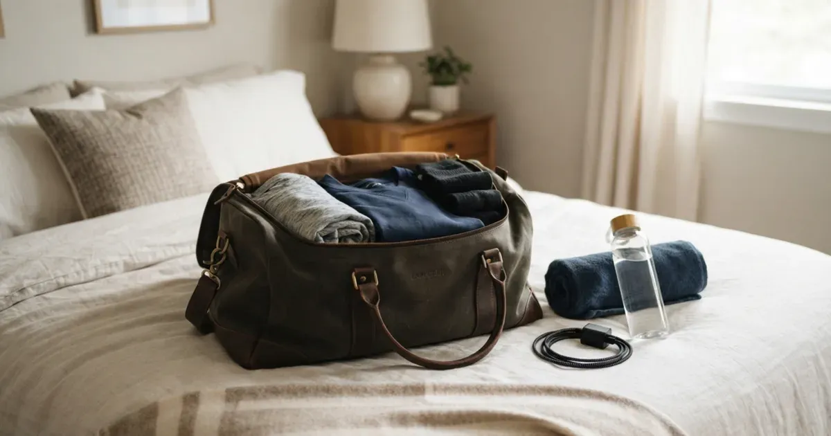 A packed duffel bag and a few neatly folded clothes on a bed