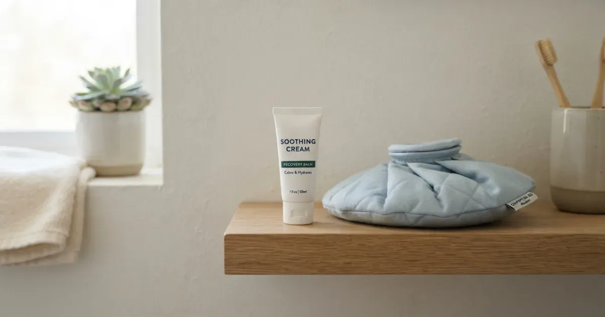 A tube of soothing cream and a small ice pack on a bathroom shelf