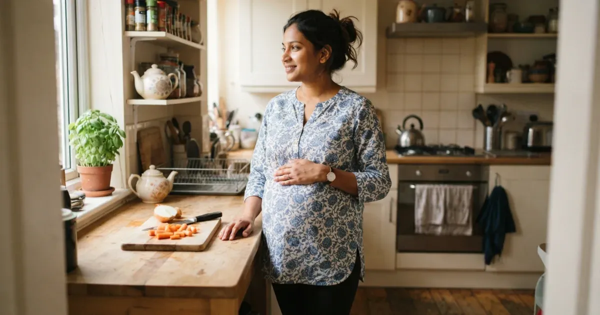 A hand resting on a pregnant belly at home, calm and attentive