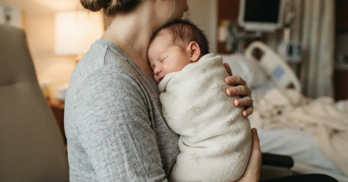 A newborn resting on a parent's chest, wrapped in a soft blanket
