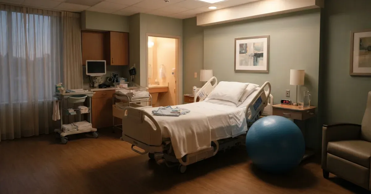 A calm hospital room with a birthing ball and dimmed lighting