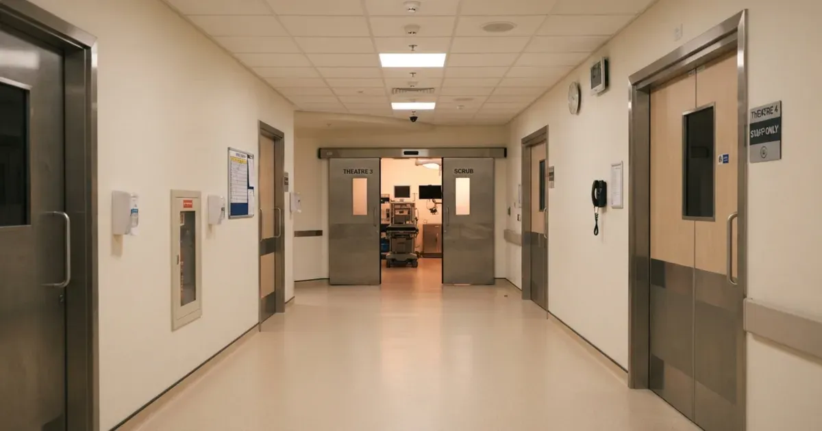 An operating theatre corridor, calm and clean, with soft overhead lighting