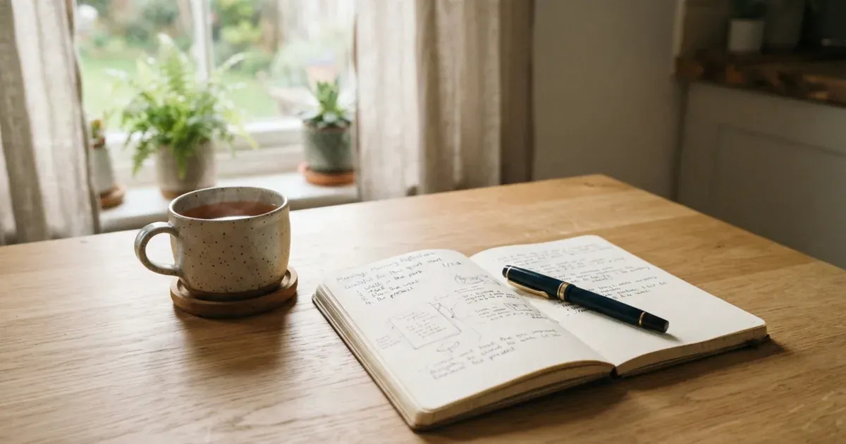 A notebook and pen resting on a kitchen table beside a cup of tea