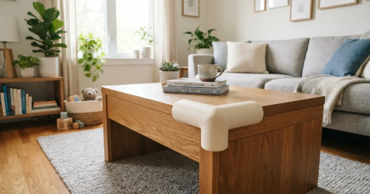 A soft foam corner guard fitted onto the edge of a low wooden table