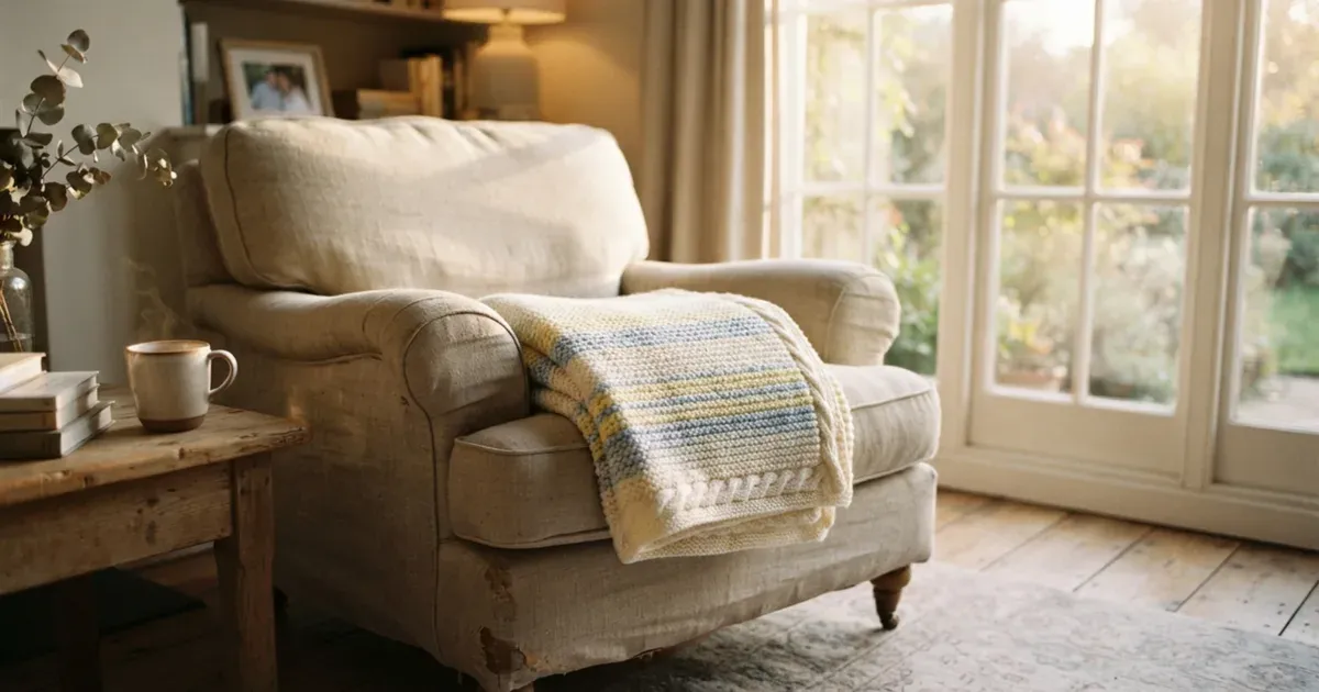 A soft baby blanket folded on an armchair in warm afternoon light