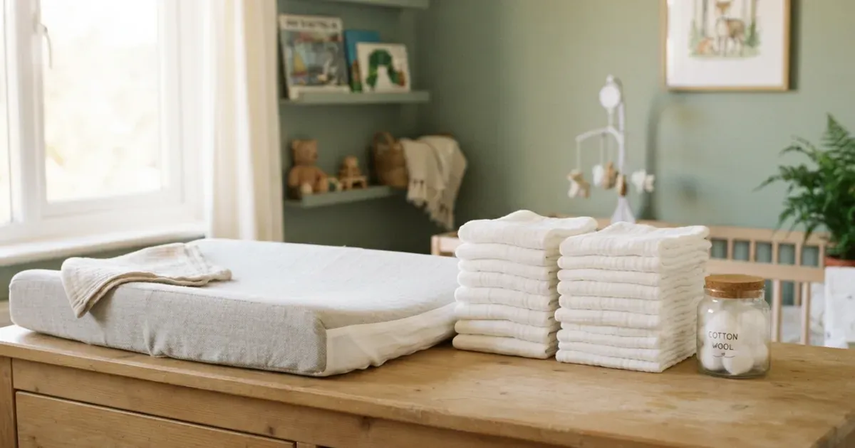 A neat stack of folded cloth diapers beside a changing mat