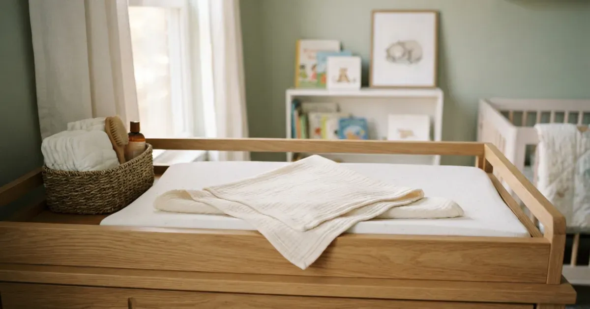 A soft, folded muslin swaddle blanket laid flat on a changing table