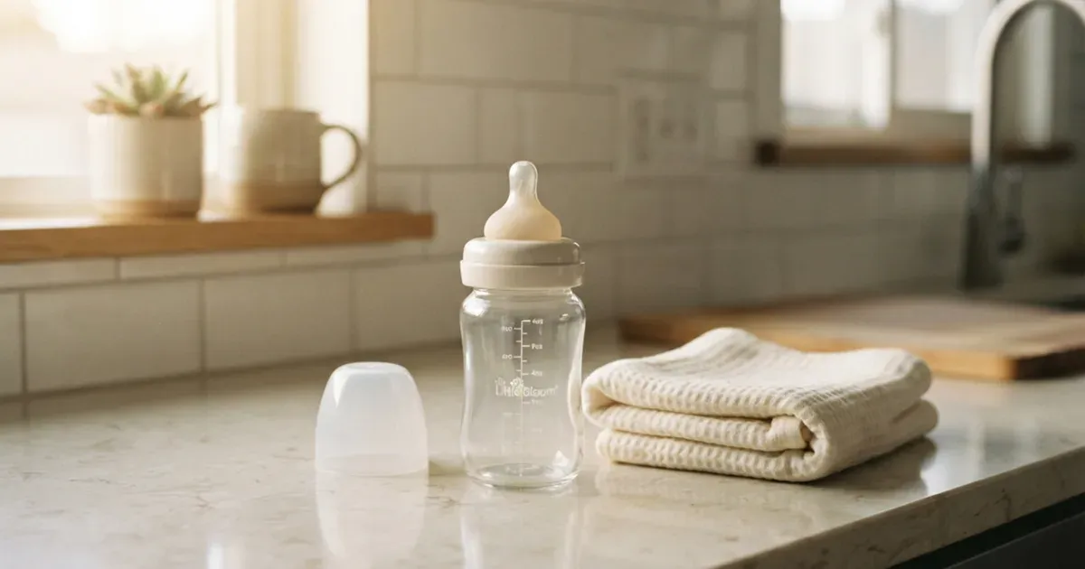 A clean glass baby bottle and a folded muslin cloth on a kitchen counter