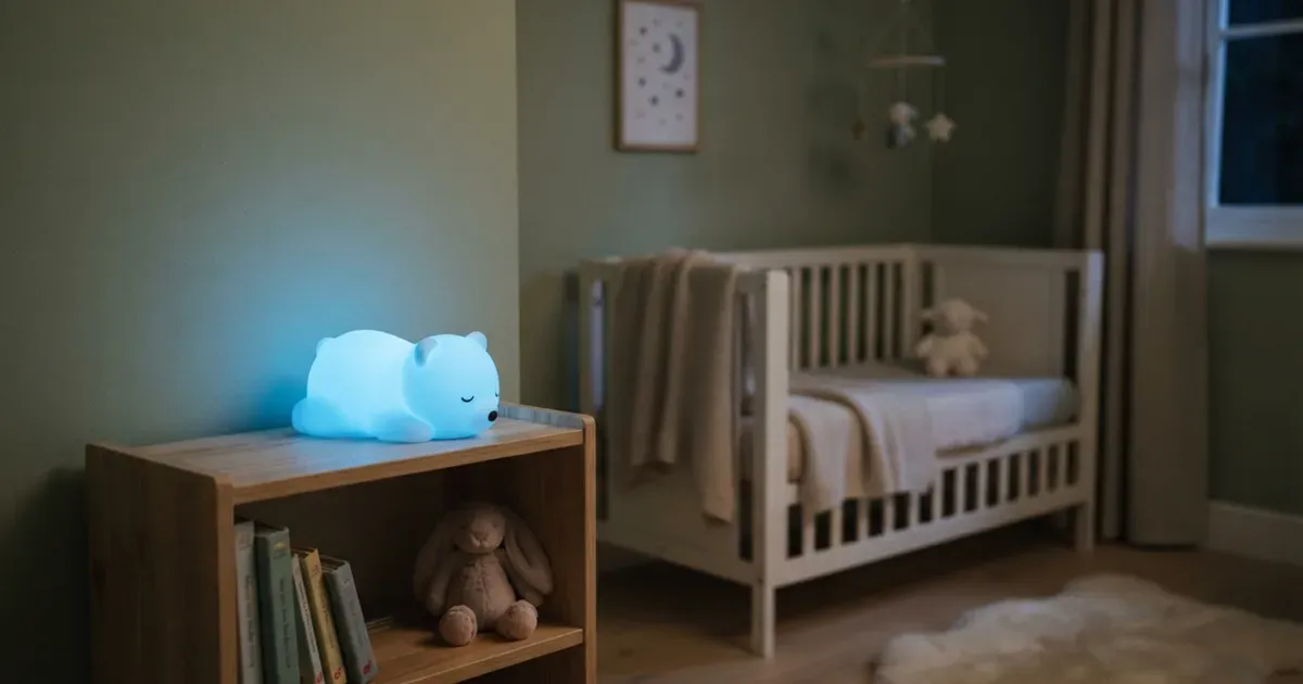 A soft blue nightlight glowing in a quiet newborn nursery