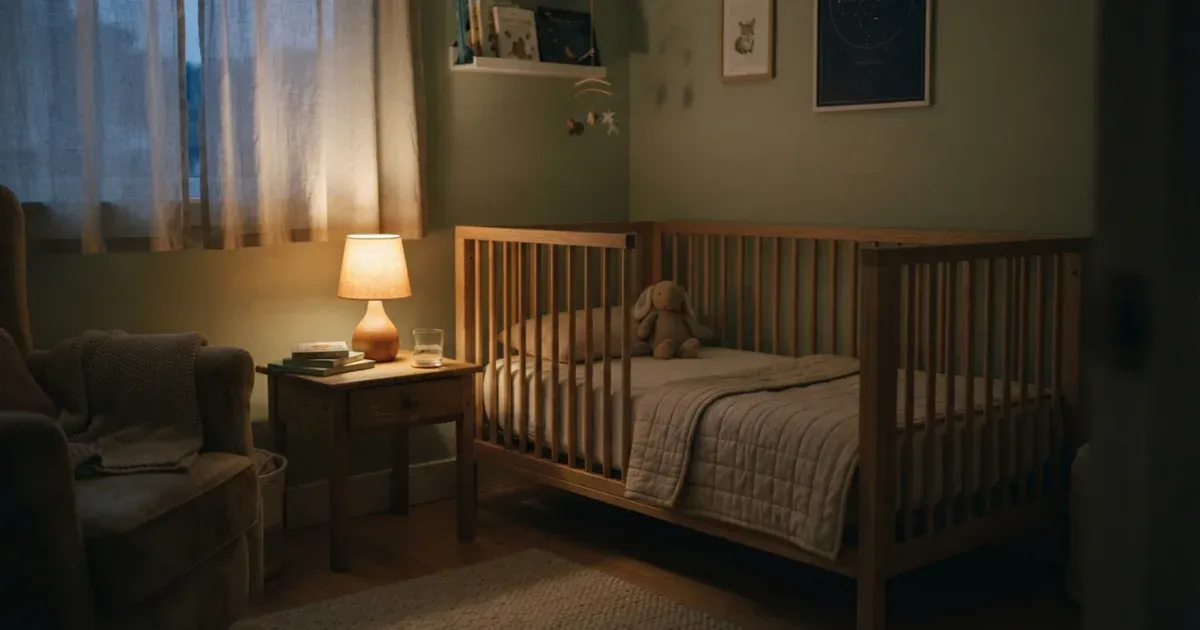 A dim nursery corner with a crib visible in soft, quiet light