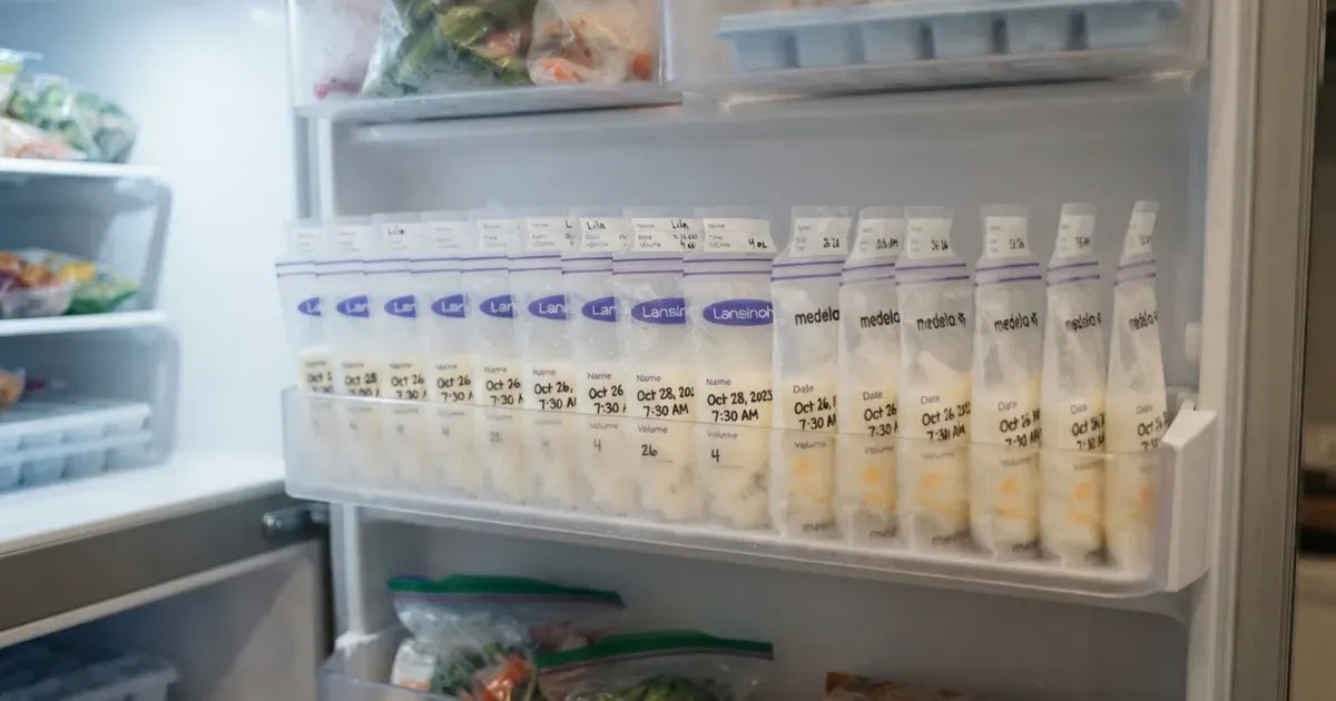 A row of labeled breast milk storage bags in a freezer door