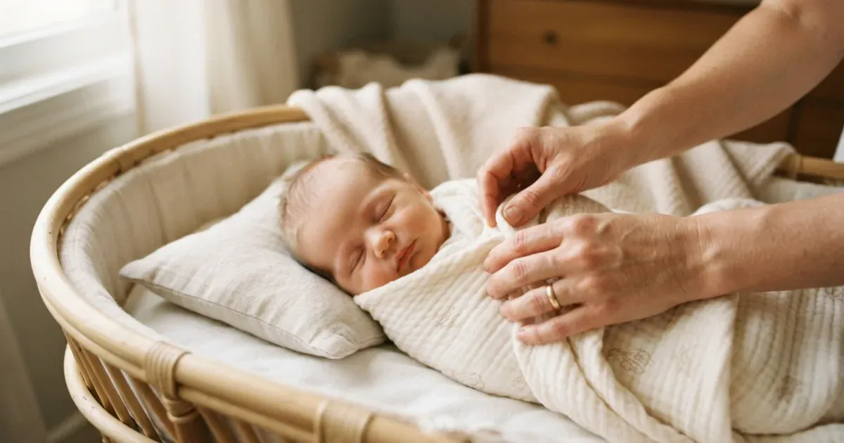 A parent's arms gently cradling a swaddled baby, seen from above