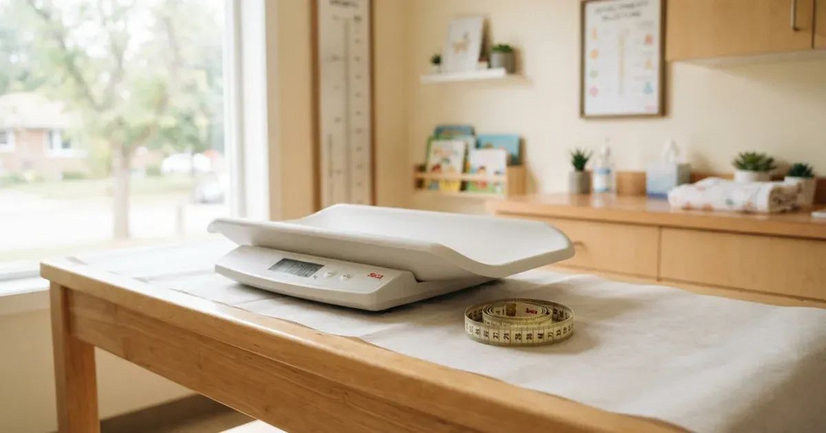 A soft measuring tape coiled beside a baby weighing scale