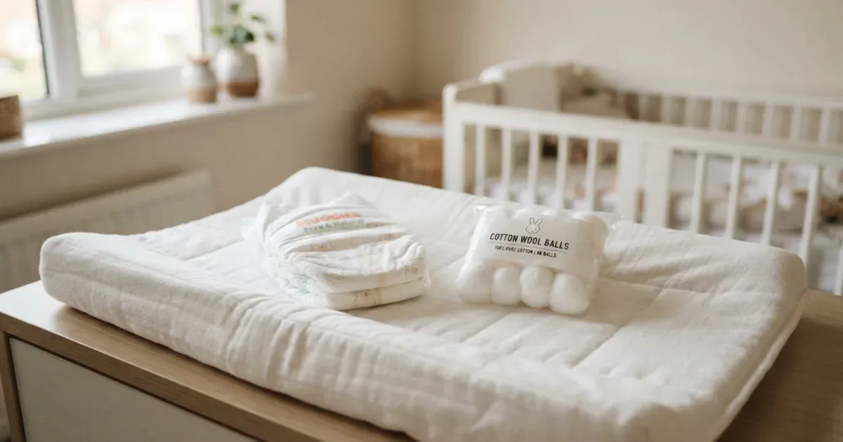 A folded newborn nappy resting beside a pack of cotton wool