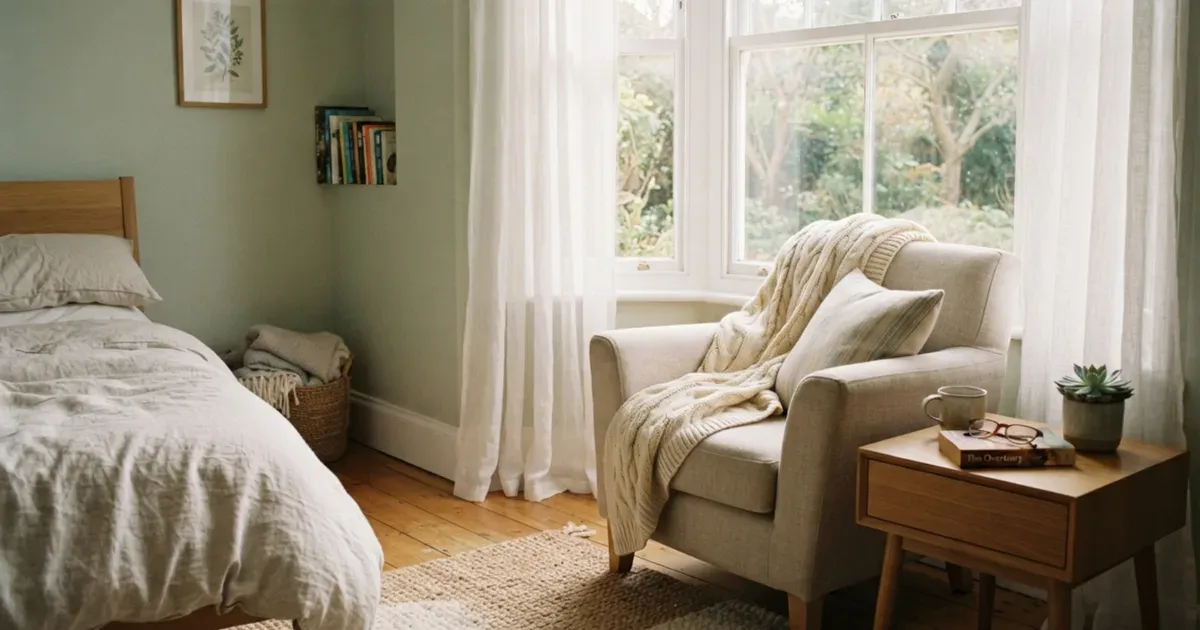 A quiet, softly lit bedroom corner with a comfortable chair