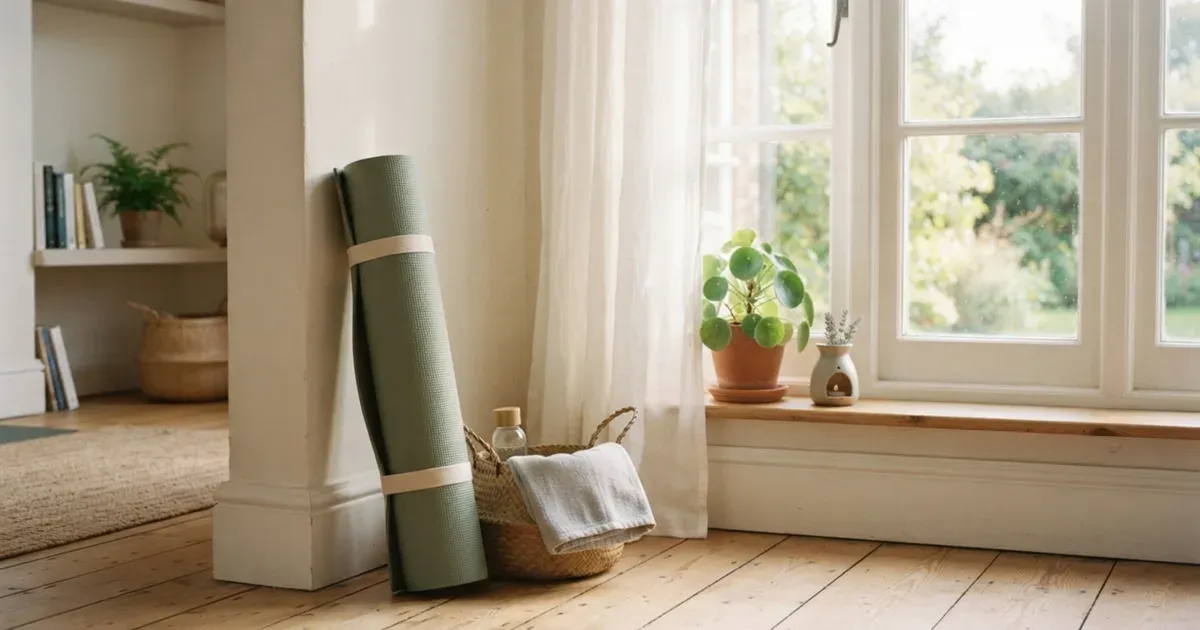 A yoga mat rolled up beside a window with soft natural light