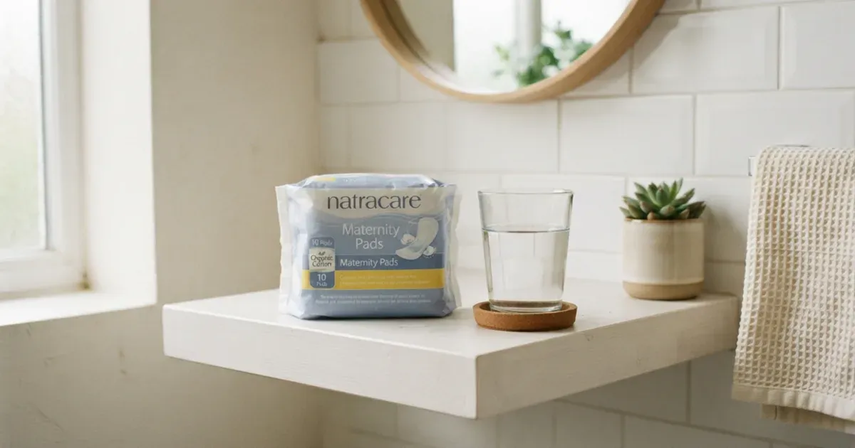 A pack of maternity pads and a glass of water on a bathroom shelf