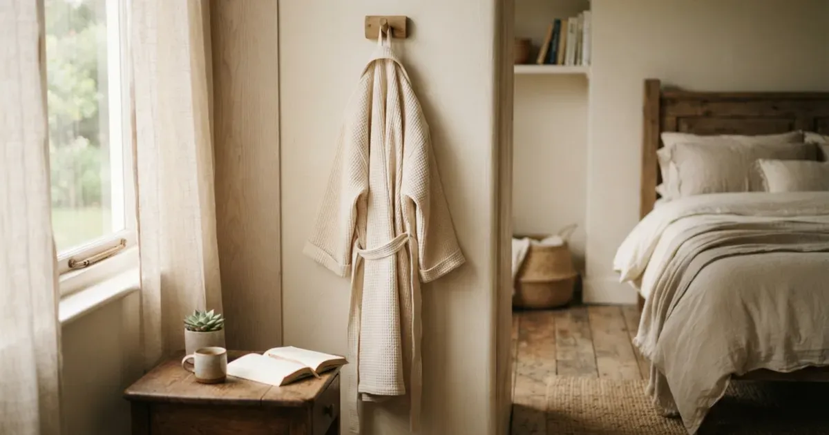 A soft, comfortable robe hanging on a hook in a quiet bedroom