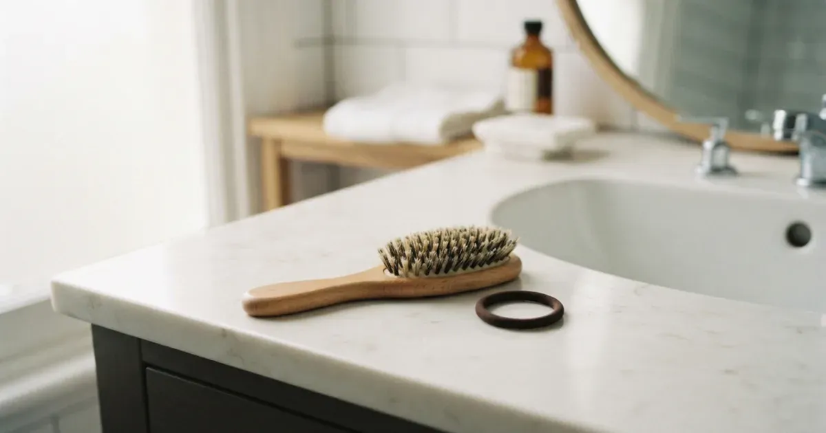 A hairbrush and a small hair tie resting on a bathroom counter