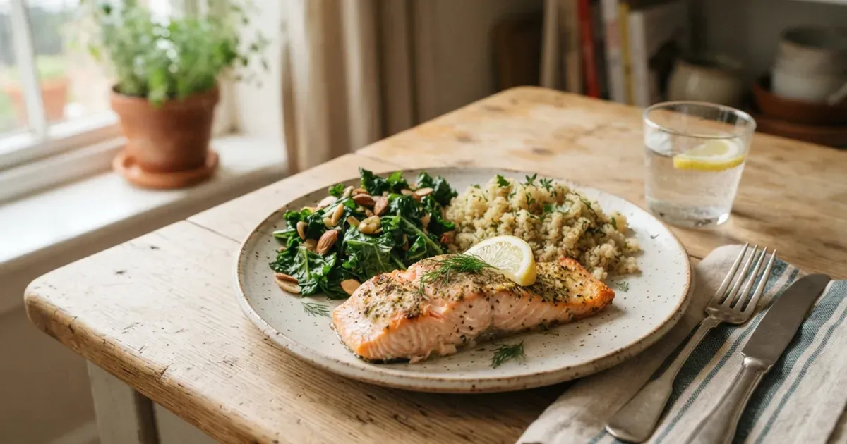 A simple, wholesome meal of salmon, greens, and whole grains on a kitchen table
