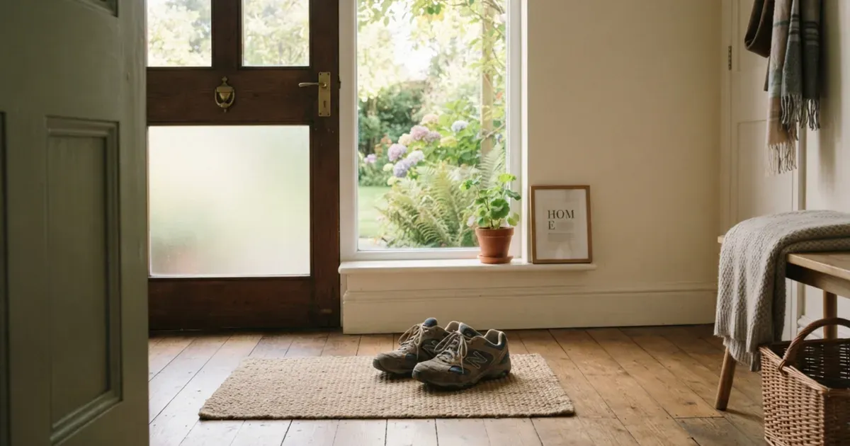 A pair of walking shoes by a front door, ready to go