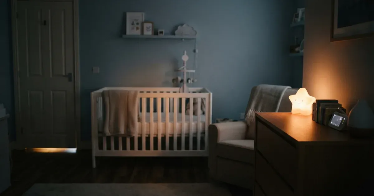 A dimly lit bedroom at night with a soft nightlight glowing